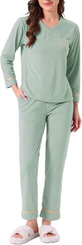 cheibear Womens Cotton Pajamas Ribbed Sleepwear Pullover Tops with Pants Loungewear Sets with Pockets in Saudi Arabia