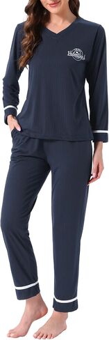 cheibear Womens Cotton Pajamas Ribbed Sleepwear Pullover Tops with Pants Loungewear Sets with Pockets in Saudi Arabia