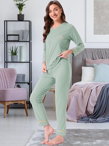 cheibear Womens Cotton Pajamas Ribbed Sleepwear Pullover Tops with Pants Loungewear Sets with Pockets in Saudi Arabia