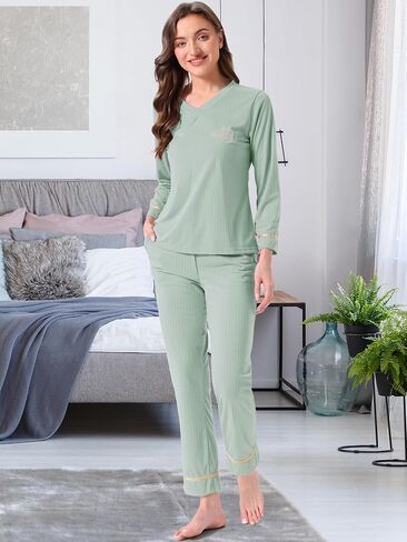 cheibear Womens Cotton Pajamas Ribbed Sleepwear Pullover Tops with Pants Loungewear Sets with Pockets in Saudi Arabia