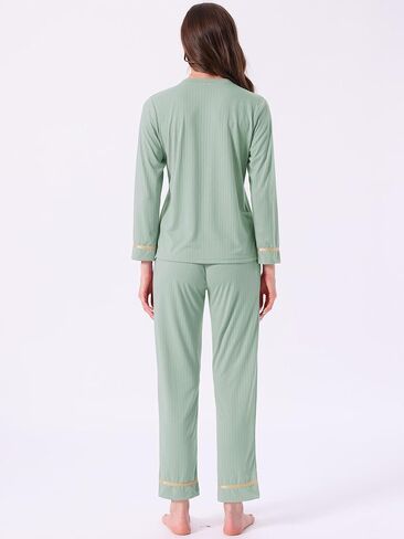 cheibear Womens Cotton Pajamas Ribbed Sleepwear Pullover Tops with Pants Loungewear Sets with Pockets in Saudi Arabia