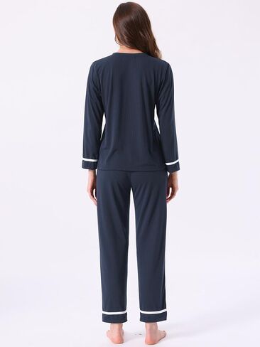 cheibear Womens Cotton Pajamas Ribbed Sleepwear Pullover Tops with Pants Loungewear Sets with Pockets in Saudi Arabia