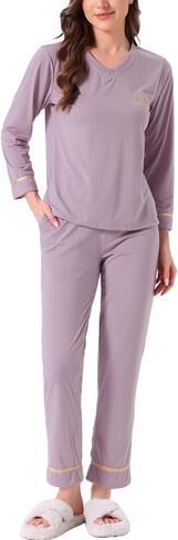 cheibear Womens Cotton Pajamas Ribbed Sleepwear Pullover Tops with Pants Loungewear Sets with Pockets in Saudi Arabia