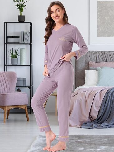 cheibear Womens Cotton Pajamas Ribbed Sleepwear Pullover Tops with Pants Loungewear Sets with Pockets in Saudi Arabia