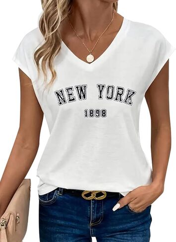 Avanova Women New York Graphic Cap Sleeve V Neck T Shirt Loose Casual Summer Tee in Saudi Arabia