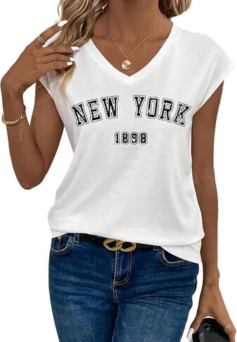 Avanova Women New York Graphic Cap Sleeve V Neck T Shirt Loose Casual Summer Tee in Saudi Arabia