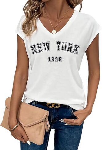Avanova Women New York Graphic Cap Sleeve V Neck T Shirt Loose Casual Summer Tee in Saudi Arabia