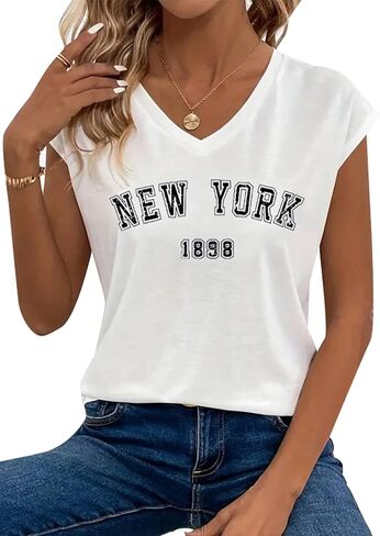 Avanova Women New York Graphic Cap Sleeve V Neck T Shirt Loose Casual Summer Tee in Saudi Arabia