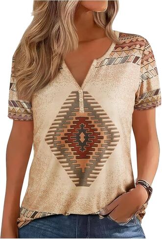 Aztec Print T ermts النساء الغربيات القبلية الإثنية على الطراز القصيرة القصيرة القميص القميص القميص الحفل الموسيقي. in Kuwait