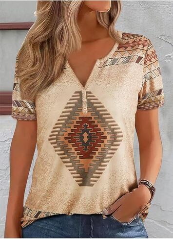 Aztec Print T ermts النساء الغربيات القبلية الإثنية على الطراز القصيرة القصيرة القميص القميص القميص الحفل الموسيقي. in Kuwait