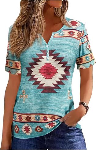 Aztec Print T ermts النساء الغربيات القبلية الإثنية على الطراز القصيرة القصيرة القميص القميص القميص الحفل الموسيقي. in Kuwait