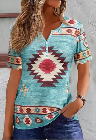 Aztec Print T ermts النساء الغربيات القبلية الإثنية على الطراز القصيرة القصيرة القميص القميص القميص الحفل الموسيقي. in Kuwait
