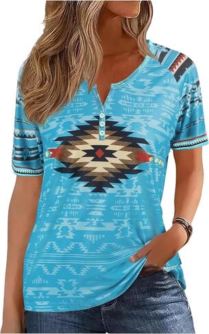 Aztec Print T ermts النساء الغربيات القبلية الإثنية على الطراز القصيرة القصيرة القميص القميص القميص الحفل الموسيقي. in Kuwait