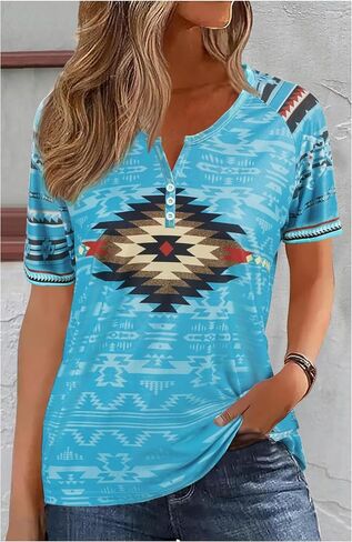 Aztec Print T ermts النساء الغربيات القبلية الإثنية على الطراز القصيرة القصيرة القميص القميص القميص الحفل الموسيقي. in Kuwait