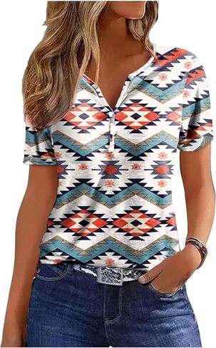 Aztec Print T ermts النساء الغربيات القبلية الإثنية على الطراز القصيرة القصيرة القميص القميص القميص الحفل الموسيقي. in Kuwait