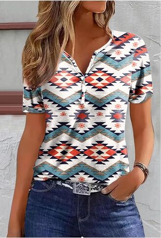Aztec Print T ermts النساء الغربيات القبلية الإثنية على الطراز القصيرة القصيرة القميص القميص القميص الحفل الموسيقي. in Kuwait