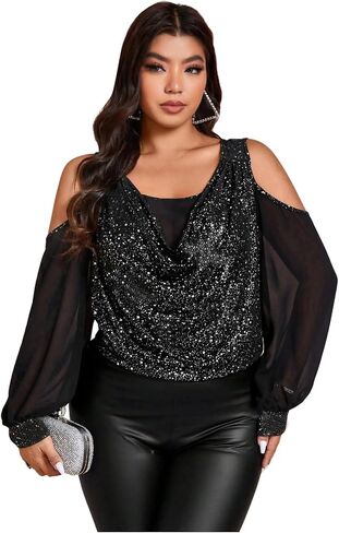 WDIRARA Women's Plus Size Floral Embroidered Tees Sheer Mesh T Shirt Cold Shoulder Long Sleeve Tops in Saudi Arabia