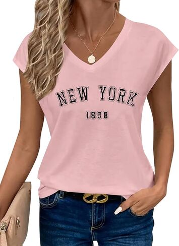Avanova Women New York Graphic Cap Sleeve V Neck T Shirt Loose Casual Summer Tee in Saudi Arabia
