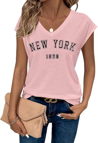 Avanova Women New York Graphic Cap Sleeve V Neck T Shirt Loose Casual Summer Tee in Saudi Arabia