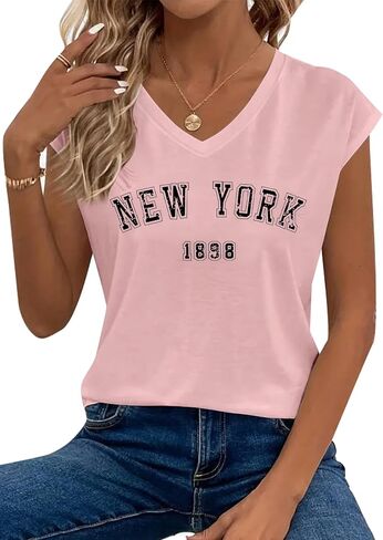 Avanova Women New York Graphic Cap Sleeve V Neck T Shirt Loose Casual Summer Tee in Saudi Arabia