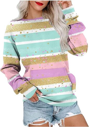 Crewneck Sweatshirts Women Cute Color Block Tops Relaxed Fit Long Sleeve Y2K Shirt Casual Cotton Pullovers 2025 Fall in Saudi Arabia