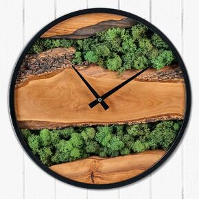 Wooden Wall Clock Natural Wood - 16 inch Grain Handmade Silent Non-Timing Rustic Style Large Clock Irregular Shape Living Room Home Decor Modern Black Metal Frame Live Edge Clock (Forest) in Saudi Arabia