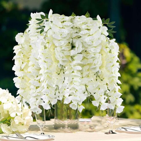 4pcs Artificial Wisteria Flowers 37in Fake Wisteria Rattan Hanging Garland Silk Flowers String for Wedding Party Wall Home Decor(White) in Saudi Arabia
