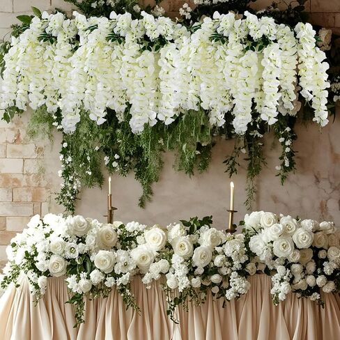 4pcs Artificial Wisteria Flowers 37in Fake Wisteria Rattan Hanging Garland Silk Flowers String for Wedding Party Wall Home Decor(White) in Saudi Arabia