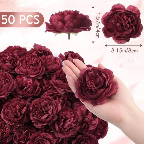 50 Pcs Artificial Flowers, 3.2 Inches Silk Rose Head Flowers Fake No Stem for Wedding Bridal Bouquet Home Floral Decor DIY Centerpieces Arrangements Party Tables Decorations (Burgundy) in Saudi Arabia