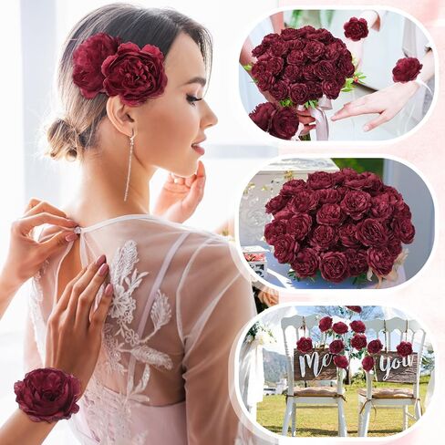 50 Pcs Artificial Flowers, 3.2 Inches Silk Rose Head Flowers Fake No Stem for Wedding Bridal Bouquet Home Floral Decor DIY Centerpieces Arrangements Party Tables Decorations (Burgundy) in Saudi Arabia