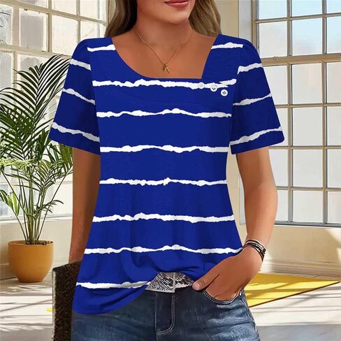 2025 صيف مربعة الرقبة قمم للنساء الطباعة الزهرية العصرية الأكمام القصيرة بوهو tshirt غير رسمية الزر لزر الزر غير الرسمية in Kuwait