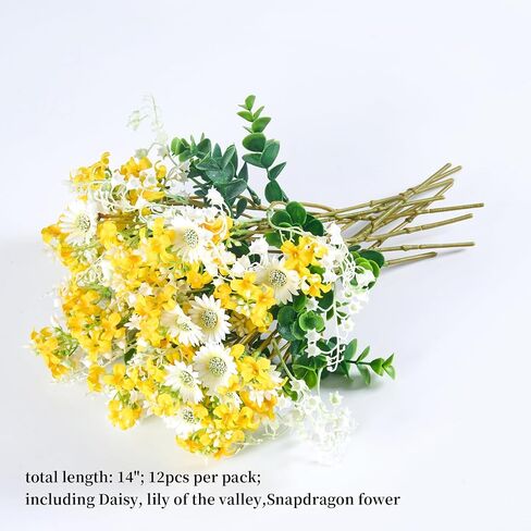 Artificial Daisies Lilac Wildflowers Yellow and White Artificial Flowers, 7pcs Spring Summer Flowers for Indoor Vase Outdoor Garden, 14" Faux Wildflowers Bundles for Home Decor with Lily of The Valley in Saudi Arabia
