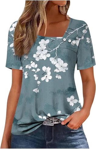 2025 Summer Square Neck Tops for Women Trendy Floral Print Short Sleeve Boho Tshirt Casual Loose Fit Button Blouses in Kuwait
