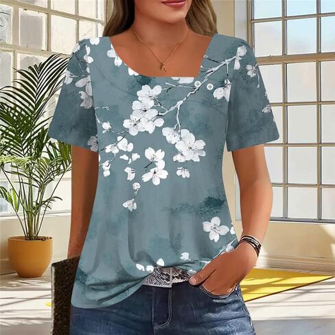 2025 Summer Square Neck Tops for Women Trendy Floral Print Short Sleeve Boho Tshirt Casual Loose Fit Button Blouses in Kuwait