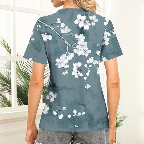 2025 Summer Square Neck Tops for Women Trendy Floral Print Short Sleeve Boho Tshirt Casual Loose Fit Button Blouses in Kuwait
