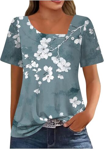 2025 Summer Square Neck Tops for Women Trendy Floral Print Short Sleeve Boho Tshirt Casual Loose Fit Button Blouses in Kuwait