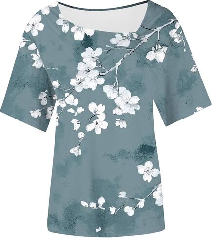 2025 Summer Square Neck Tops for Women Trendy Floral Print Short Sleeve Boho Tshirt Casual Loose Fit Button Blouses in Kuwait