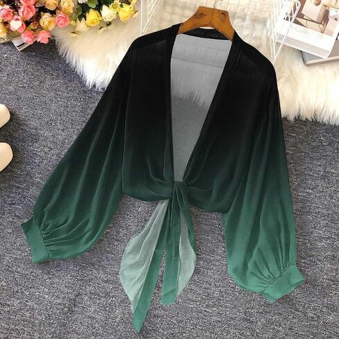 Womens Chiffon Tie Knot Bolero Cardigan Summer Long Sleeve Lightweight Open Front Cover Up Crop Shawl Tops in Kuwait