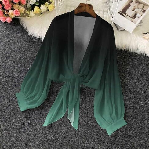 Womens Chiffon Tie Knot Bolero Cardigan Summer Long Sleeve Lightweight Open Front Cover Up Crop Shawl Tops in Kuwait