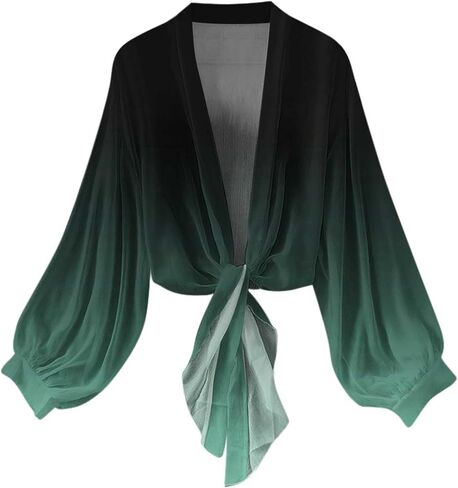 Womens Chiffon Tie Knot Bolero Cardigan Summer Long Sleeve Lightweight Open Front Cover Up Crop Shawl Tops in Kuwait
