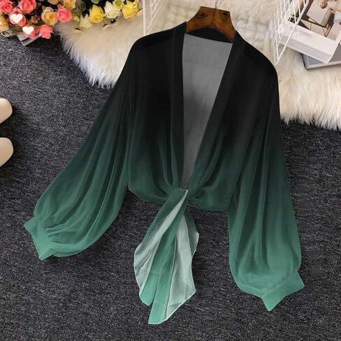 Womens Chiffon Tie Knot Bolero Cardigan Summer Long Sleeve Lightweight Open Front Cover Up Crop Shawl Tops in Kuwait