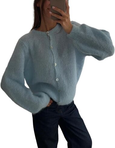 زر Crewneck للسيدات الصلب زر غير رسمي لأسفل قمم سترة متماسكة طويلة الأكمام in Saudi Arabia