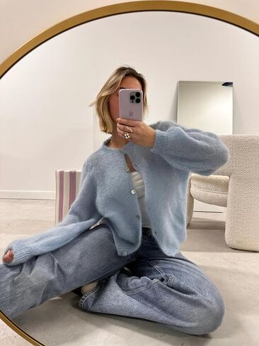 زر Crewneck للسيدات الصلب زر غير رسمي لأسفل قمم سترة متماسكة طويلة الأكمام in Saudi Arabia