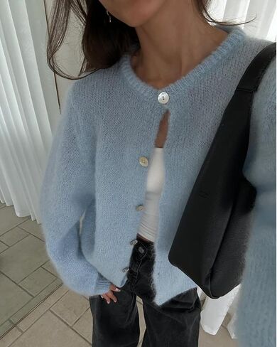 زر Crewneck للسيدات الصلب زر غير رسمي لأسفل قمم سترة متماسكة طويلة الأكمام in Saudi Arabia