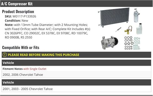 A/C Compressor and Condenser Kit - Compatible with 2001-2006 Chevy Tahoe (with 13mm Tube Diameter, 2 Mounting Holes, Fixed Orifice, Rear A/C) in Saudi Arabia