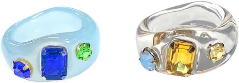 2Pcs Resin Rings with Colorful Gemstone, Colorful Gemstone Acrylic Rings Vintage Trendy Stackable Chunky Ring for Women in Saudi Arabia