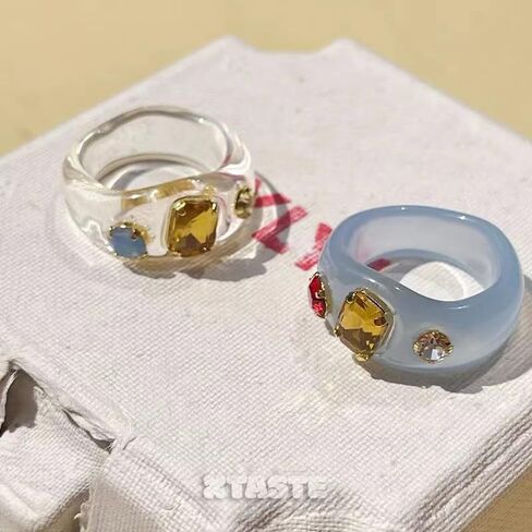 2Pcs Resin Rings with Colorful Gemstone, Colorful Gemstone Acrylic Rings Vintage Trendy Stackable Chunky Ring for Women in Saudi Arabia