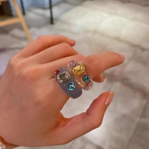 2Pcs Resin Rings with Colorful Gemstone, Colorful Gemstone Acrylic Rings Vintage Trendy Stackable Chunky Ring for Women in Saudi Arabia