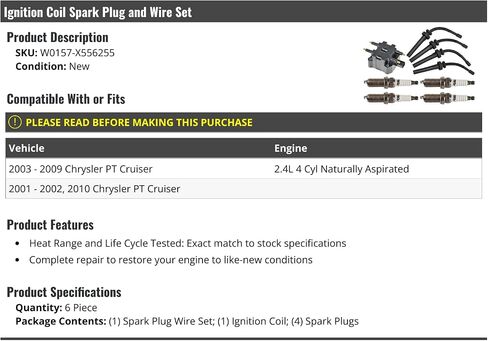 Ignition Coil Spark Plug and Wire Set - 9 Piece - Compatible with 2001-2010 Chrysler PT Cruiser 2.4L 4-Cylinder Naturally Aspirated in Saudi Arabia