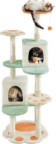Yaheetech Cat Tree, 57.5in Cat Tower for Indoor Cats, Paw-Shaped Cat Tree with Heart-Shaped Platform, Scratching Posts, Spring Ball & Hanging Ball, Double Condos, Cat Climbing Frame Bed Furniture in Kuwait